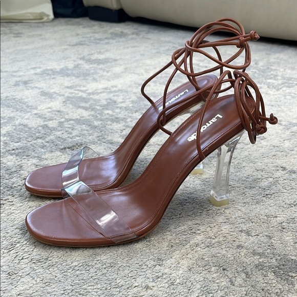 Larroude Gloria Sandal In Caramel Leather and Vinyl Ankle Wrap Clear Heel 7 - Picture 4 of 16